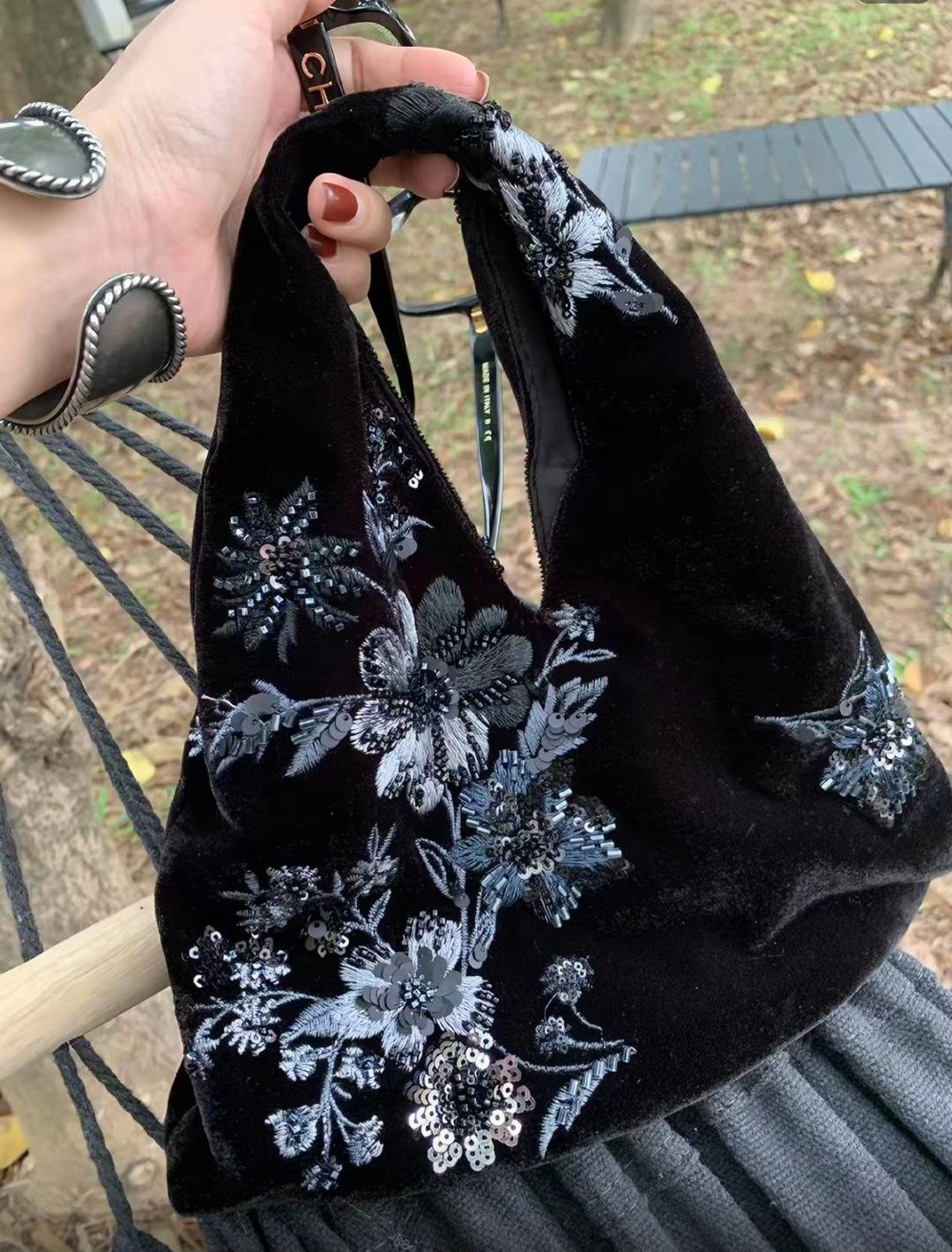 【022】Vintage Velvet Beaded Floral Handbag - Oriental Sequin Evening Bag