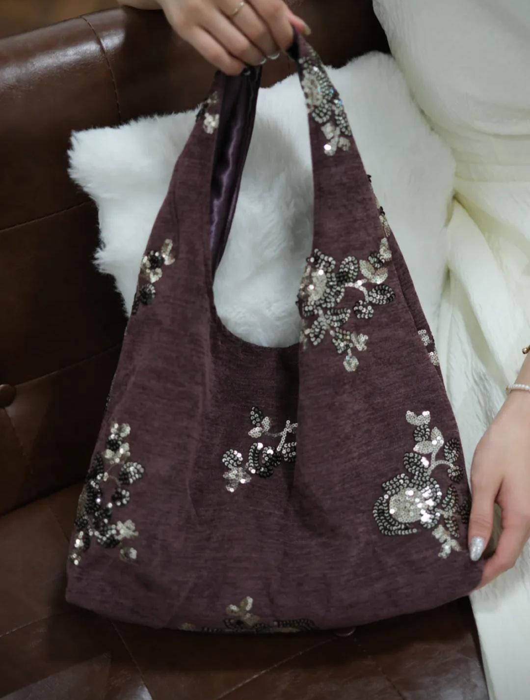 【014】Handmade Angora Red Sequin Hobo Bag - Chenille Shoulder Tote