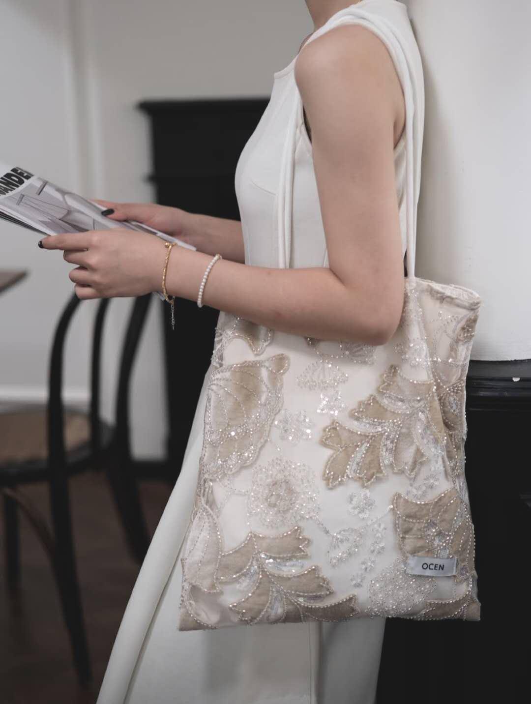 【039】Velvet Beaded Petal Tote Bag – Handmade Embroidered Shoulder Bag