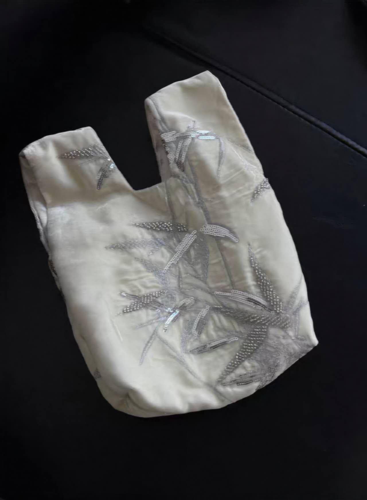【030】Ivory Silk Velvet Evening Bag - Embroidered Sequin Handbag