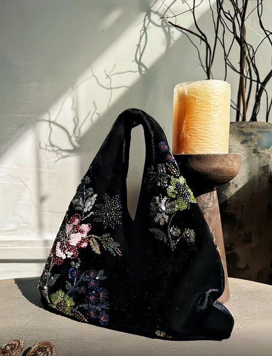 【022】Vintage Velvet Beaded Floral Handbag - Oriental Sequin Evening Bag