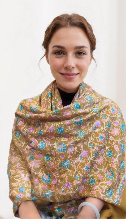 Timeless aesthetics handmade scarf 100% pure cashmere scarf with stichwork embroidery Ethical luxury sustainable gift for women