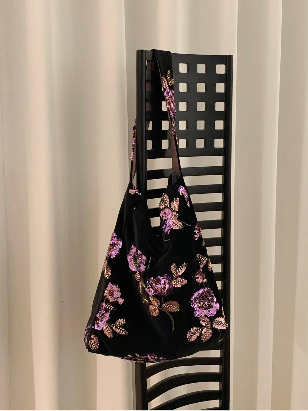 Bloom Spring Handmade Black Velvet Beaded Bag – Sequin Floral Embroidery Shoulder or Crossbody Purse – Elegant Daily Bag | Dusty Rose