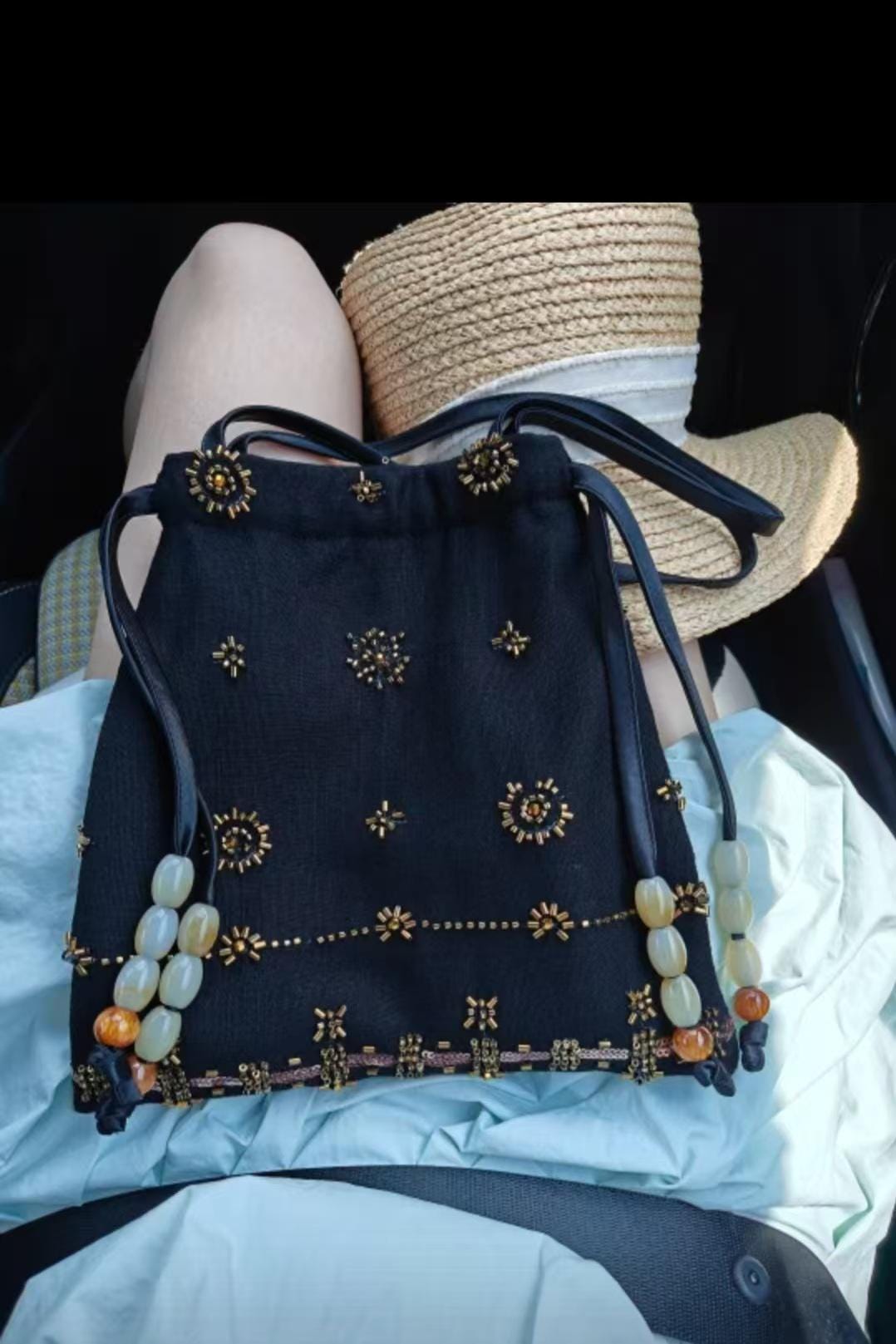 Geometric Beaded Drawstring Bag – Handcrafted Linen Purse with Embroidery | Rusty Rose