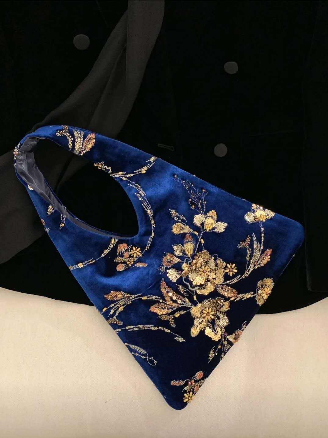 【007】Limited Edition- Blue Velvet Beaded Evening Bag – Gold Floral Embroidery-CHECK SIZE ATTACHED