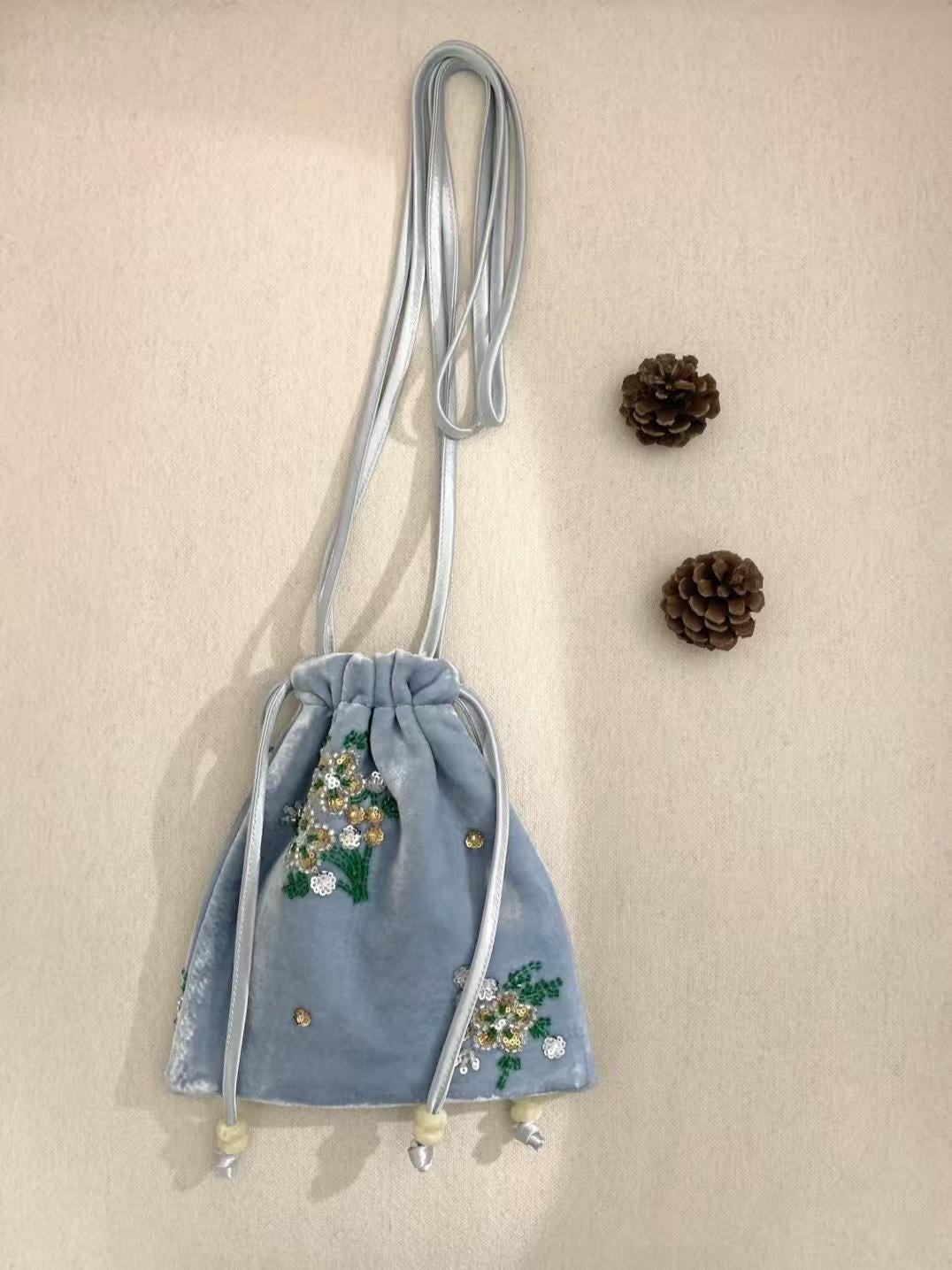 Powder Blue Velvet Crossbody Bag – 20×19 cm Floral Beaded Sequin Embroidery | Dusty Rose