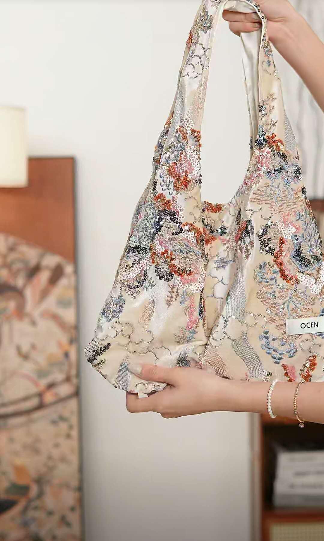 【033】Beige Velvet Sequin Hobo Bag – Large Floral Beaded Tote