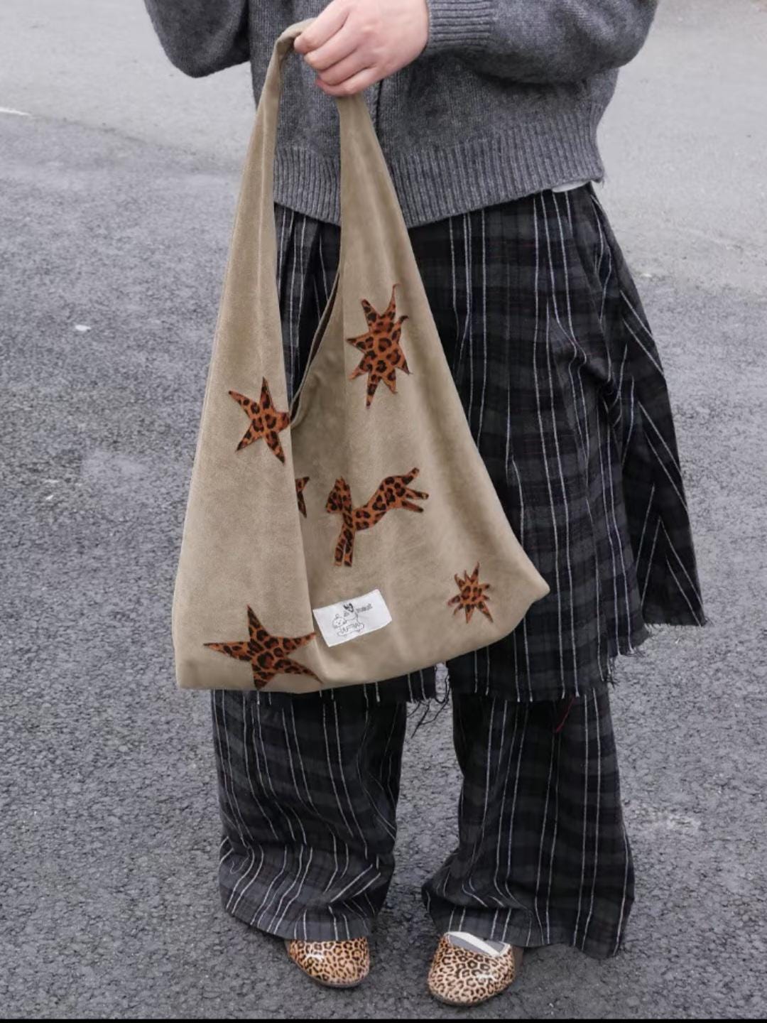 【037】Suede Hobo Bag - Leopard Star Pony Patchwork Shoulder Tote