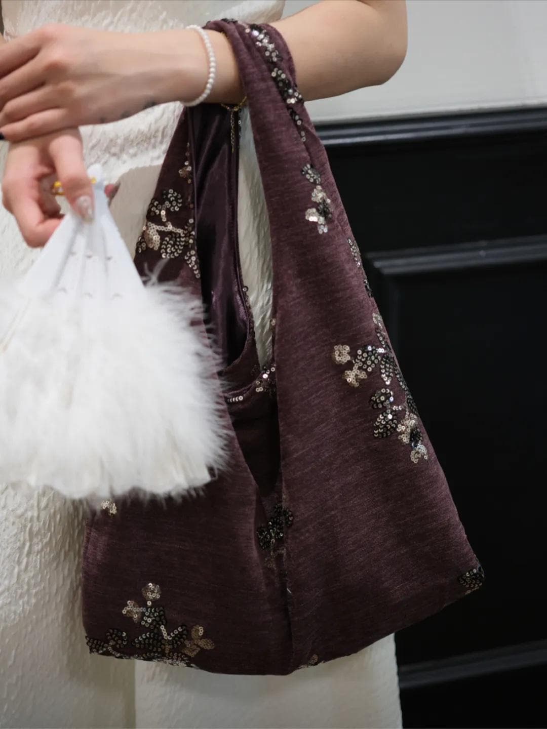 【014】Handmade Angora Red Sequin Hobo Bag - Chenille Shoulder Tote