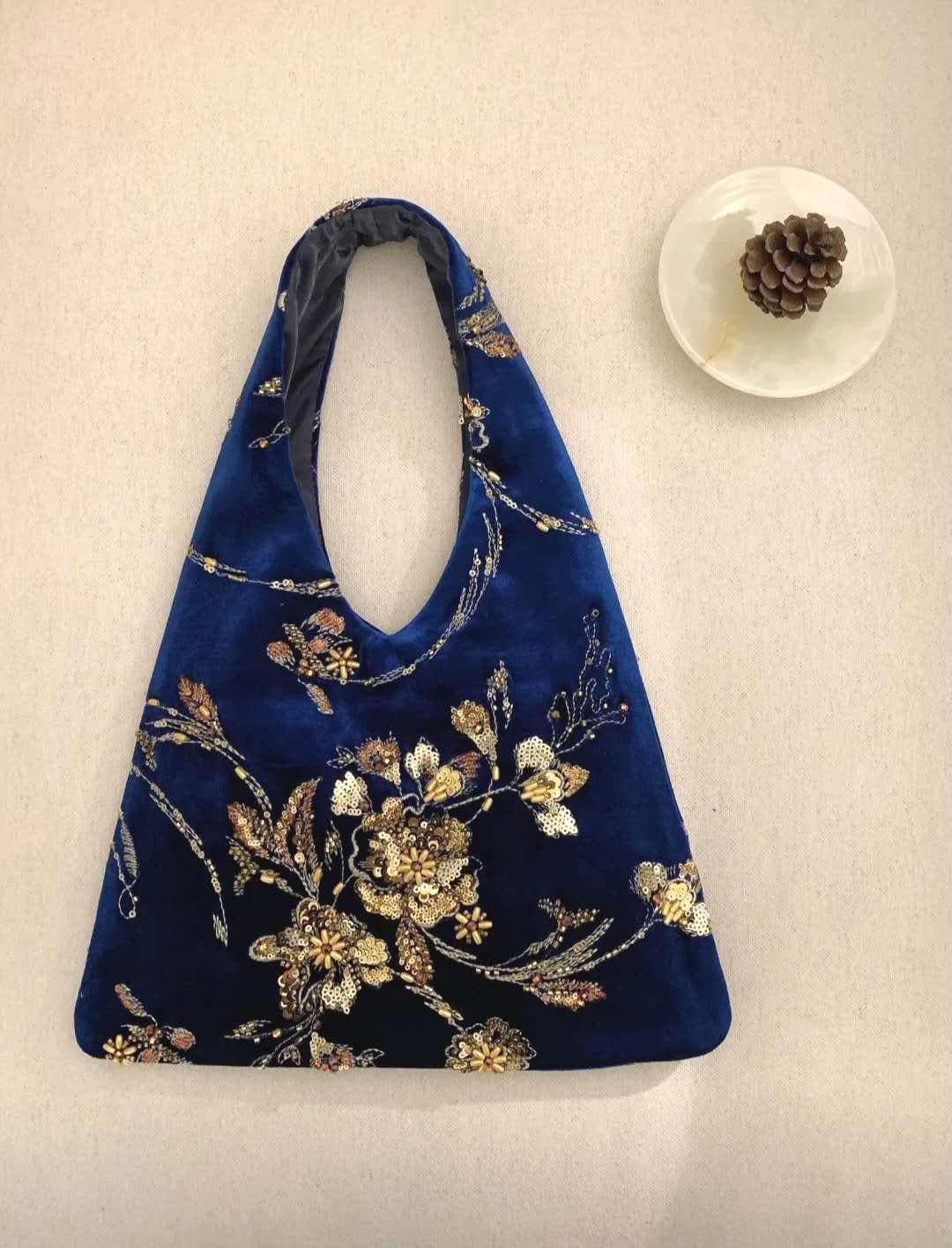 【007】Limited Edition- Blue Velvet Beaded Evening Bag – Gold Floral Embroidery-CHECK SIZE ATTACHED