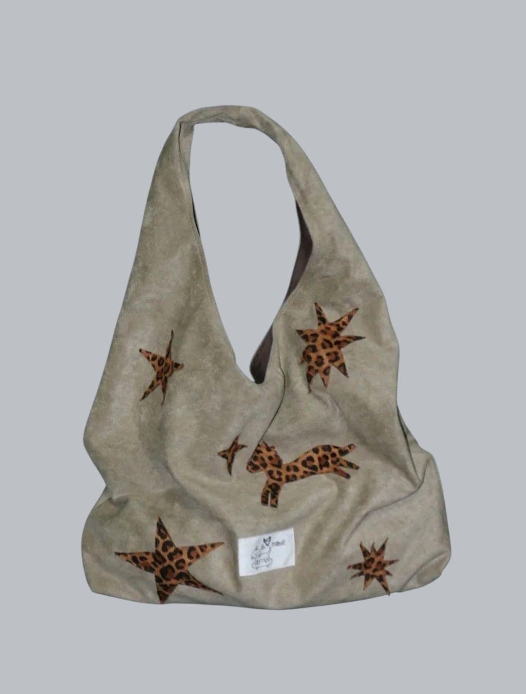 【037】Suede Hobo Bag - Leopard Star Pony Patchwork Shoulder Tote