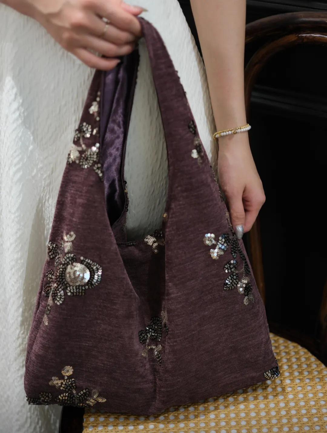 【014】Handmade Angora Red Sequin Hobo Bag - Chenille Shoulder Tote