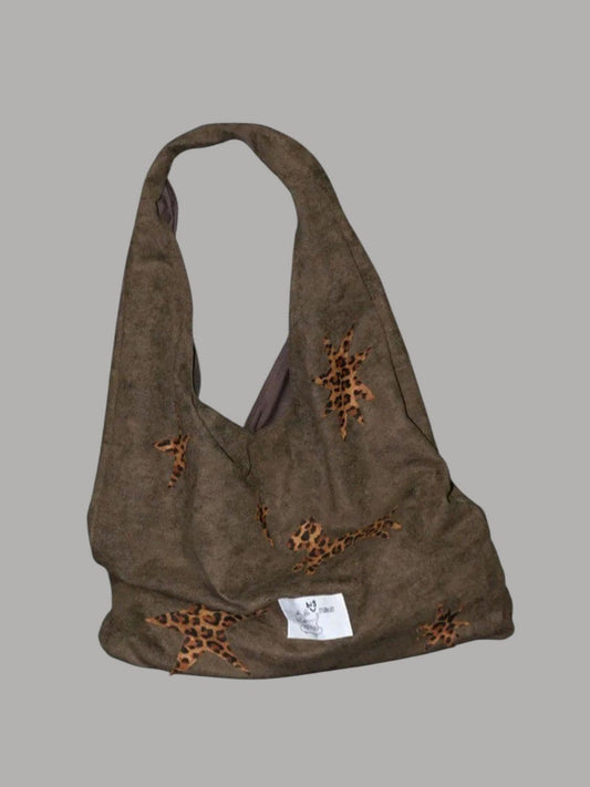 【038】Suede Hobo Bag - Leopard Star Pony Patchwork Shoulder Tote