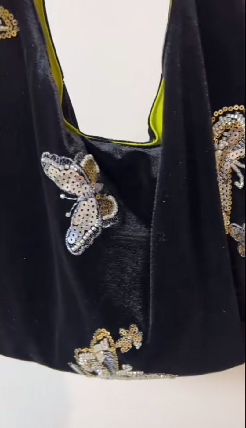 【018】Black Velvet Embroidered Bag - Oriental Butterfly Beaded Shoulder Bag