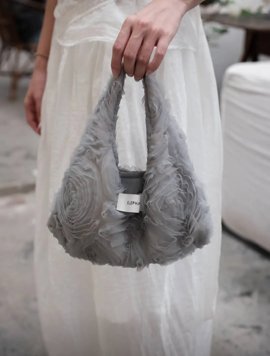 【044】Grey Rose Tulle Handbag – Romantic Wristlet