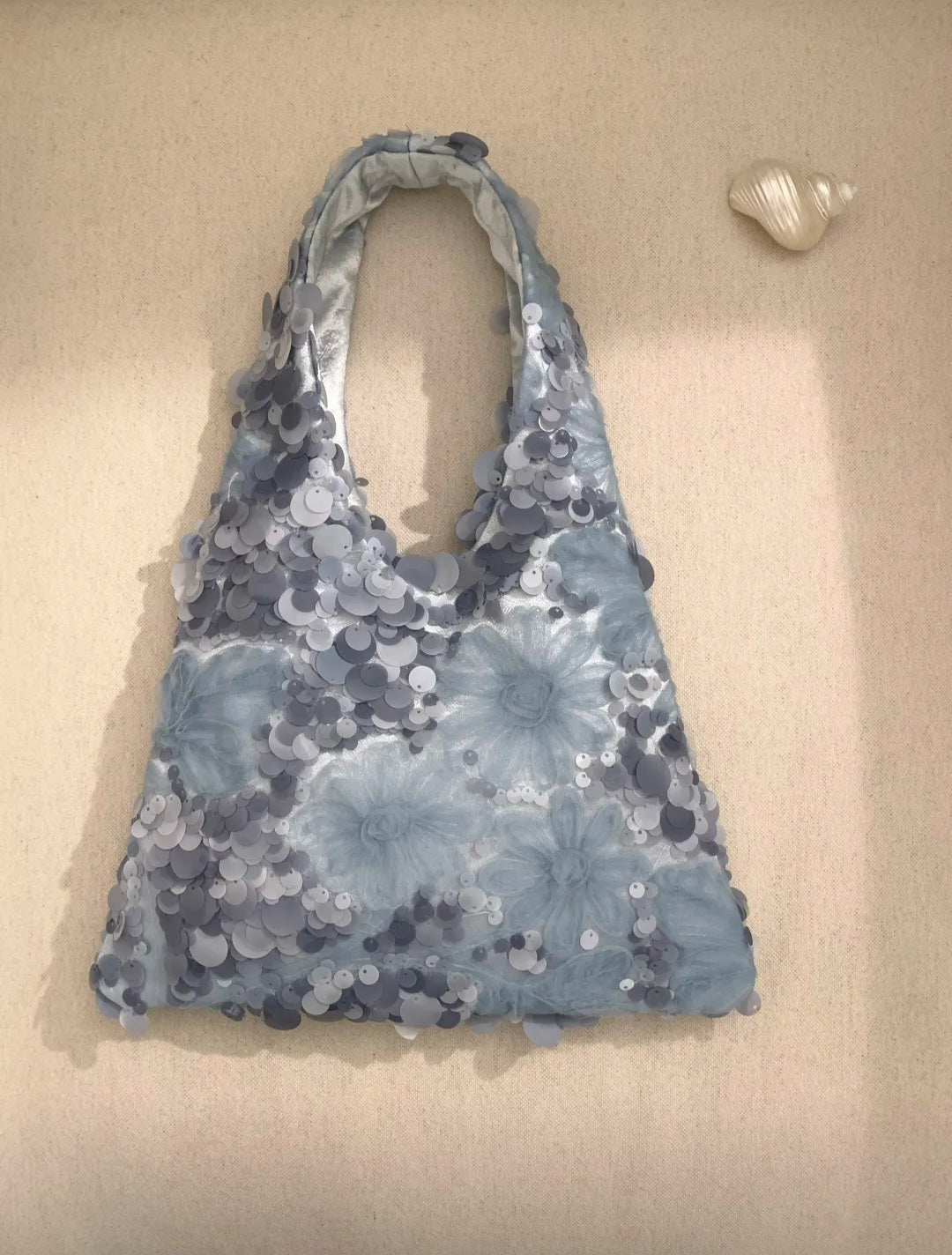 【048】Blue Sequin Floral Handbag - Elegant Evening Bag - CHECK SIZE ATTACHED
