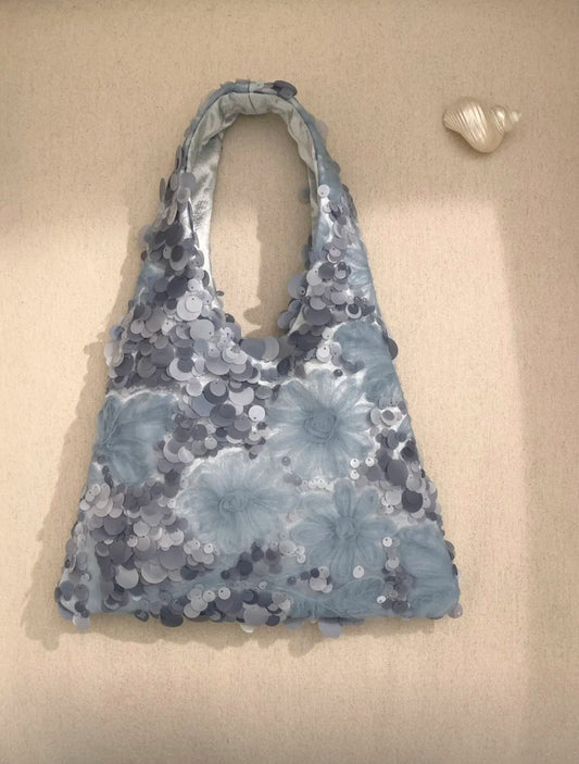【048】Blue Sequin Floral Handbag - Elegant Evening Bag - CHECK SIZE ATTACHED