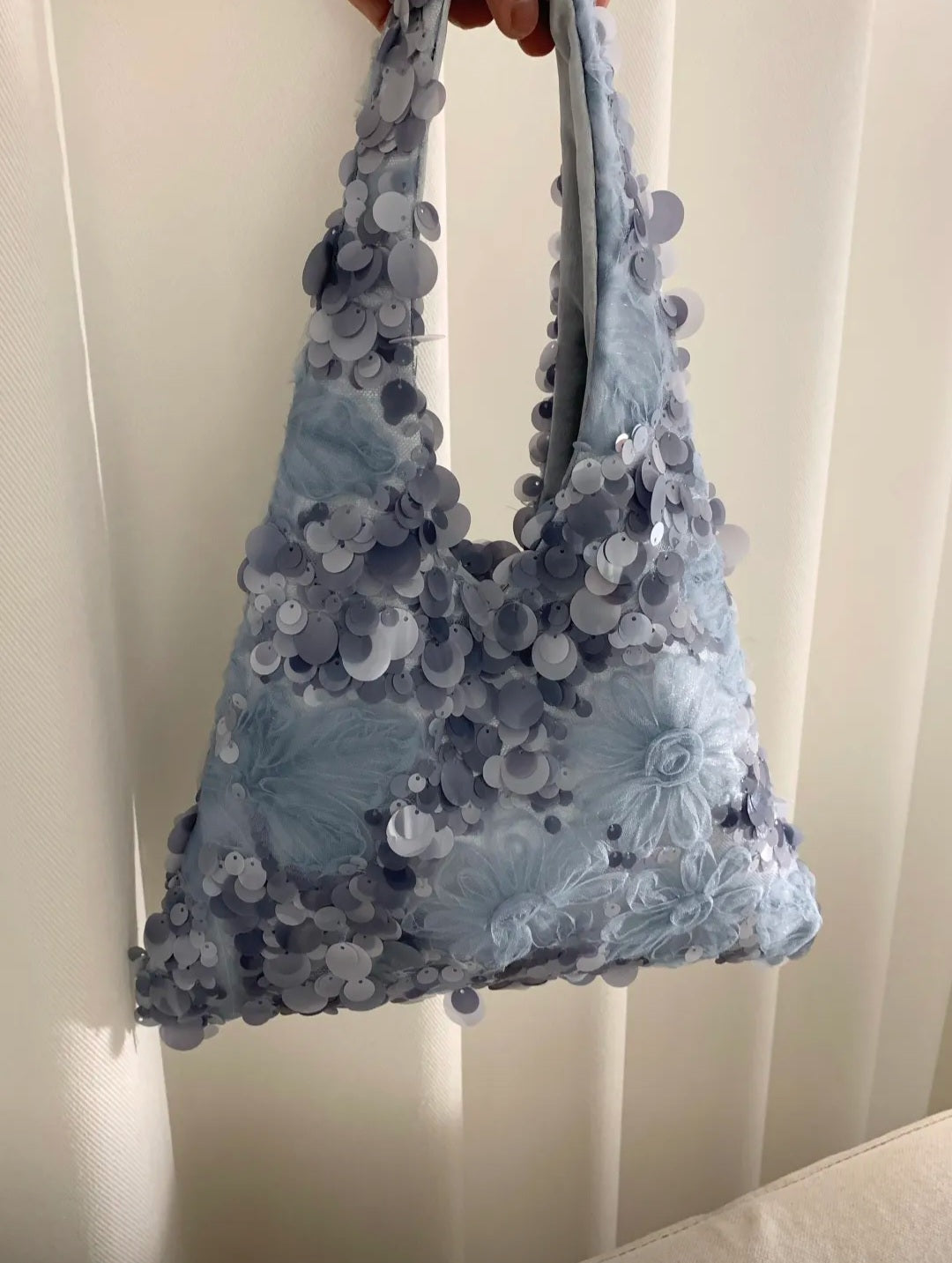 【048】Blue Sequin Floral Handbag - Elegant Evening Bag - CHECK SIZE ATTACHED