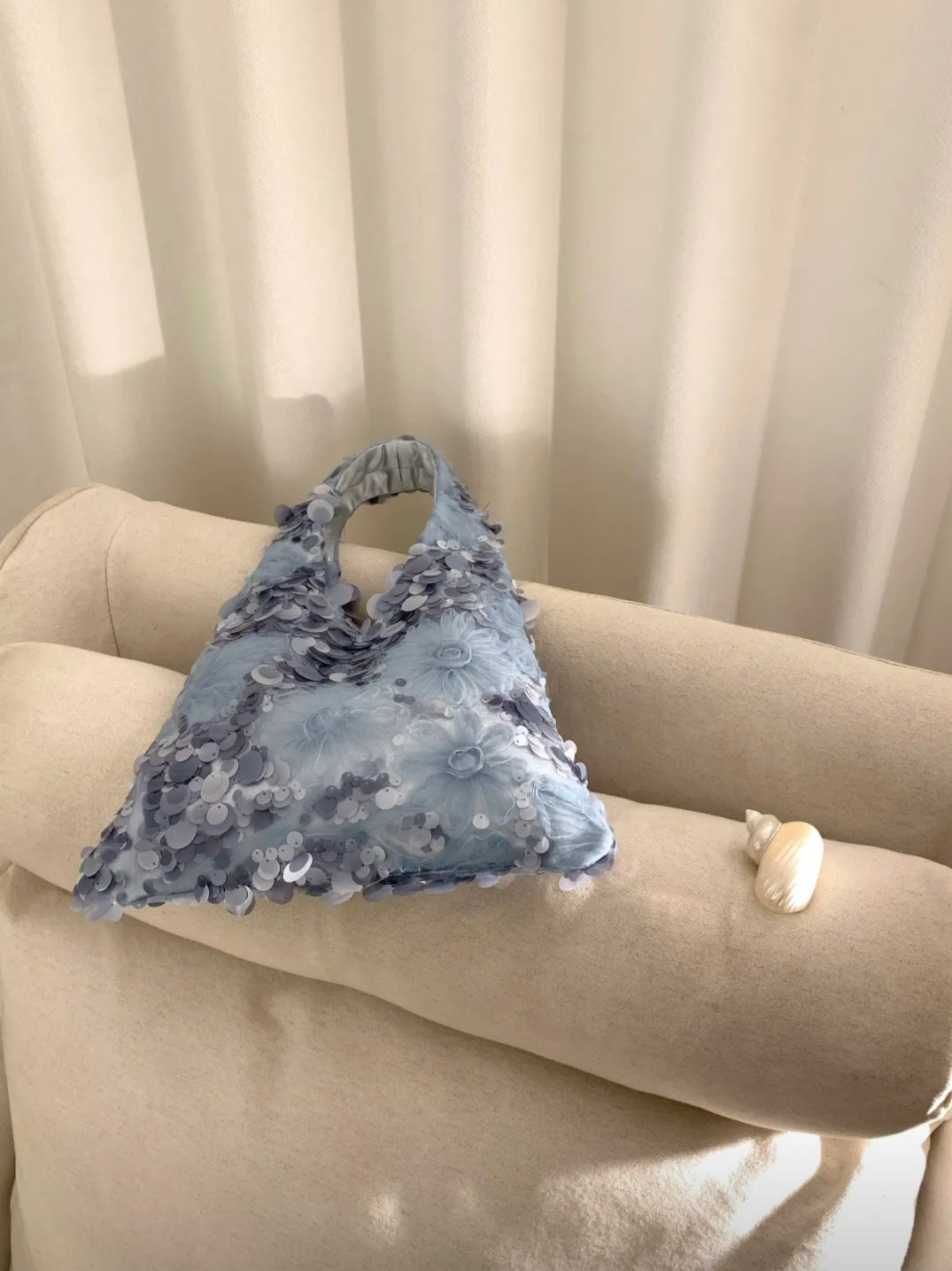 【048】Blue Sequin Floral Handbag - Elegant Evening Bag - CHECK SIZE ATTACHED