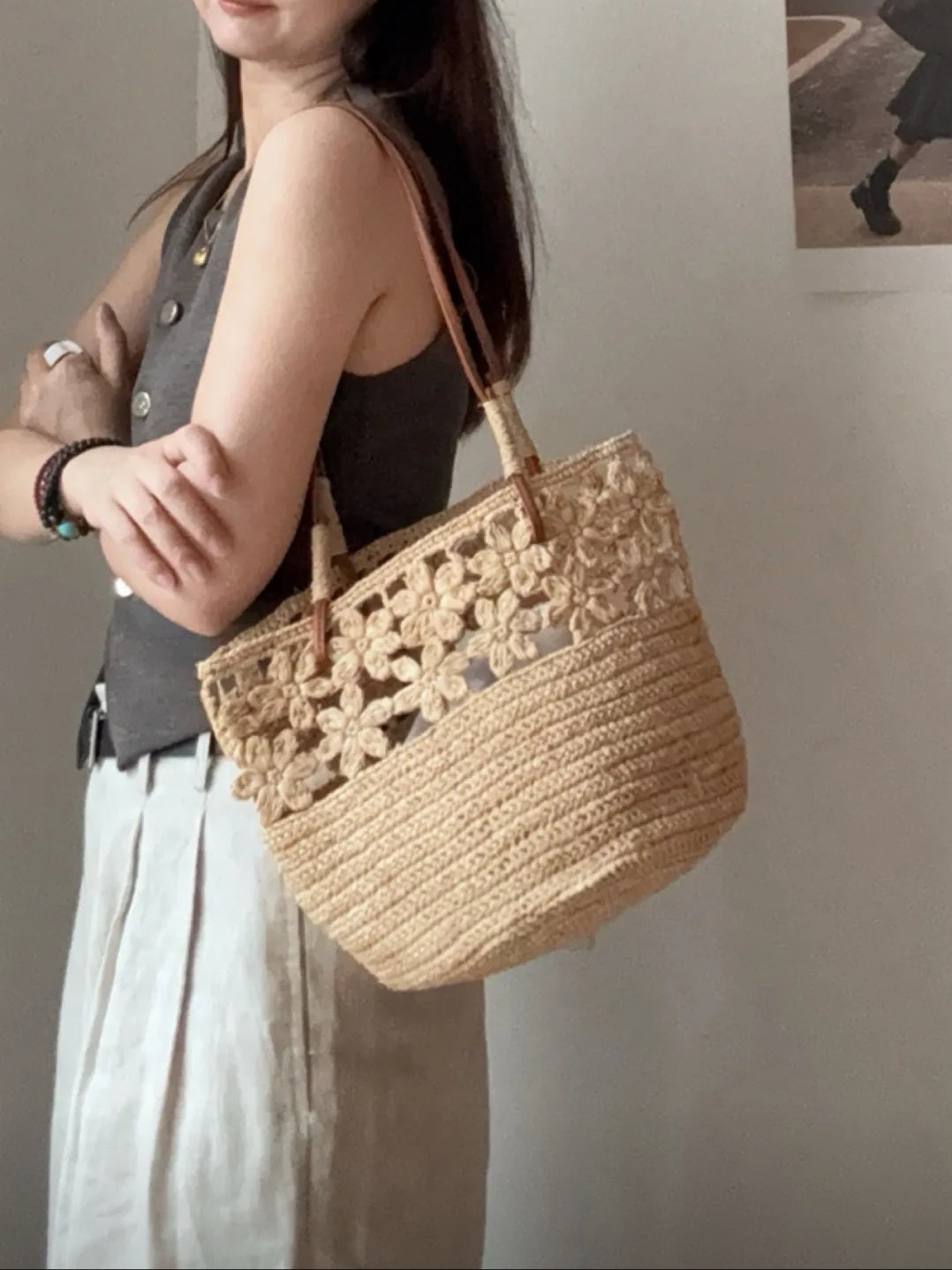 【050】French Riviera Straw Shoulder Bag - Floral Handwowen Raffia Beach Bag