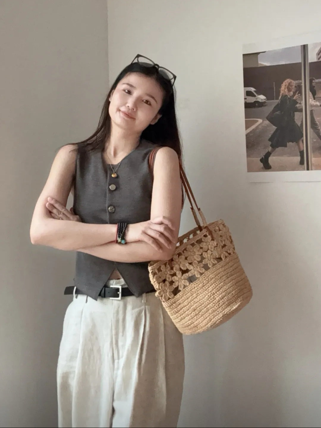 【050】French Riviera Straw Shoulder Bag - Floral Handwowen Raffia Beach Bag