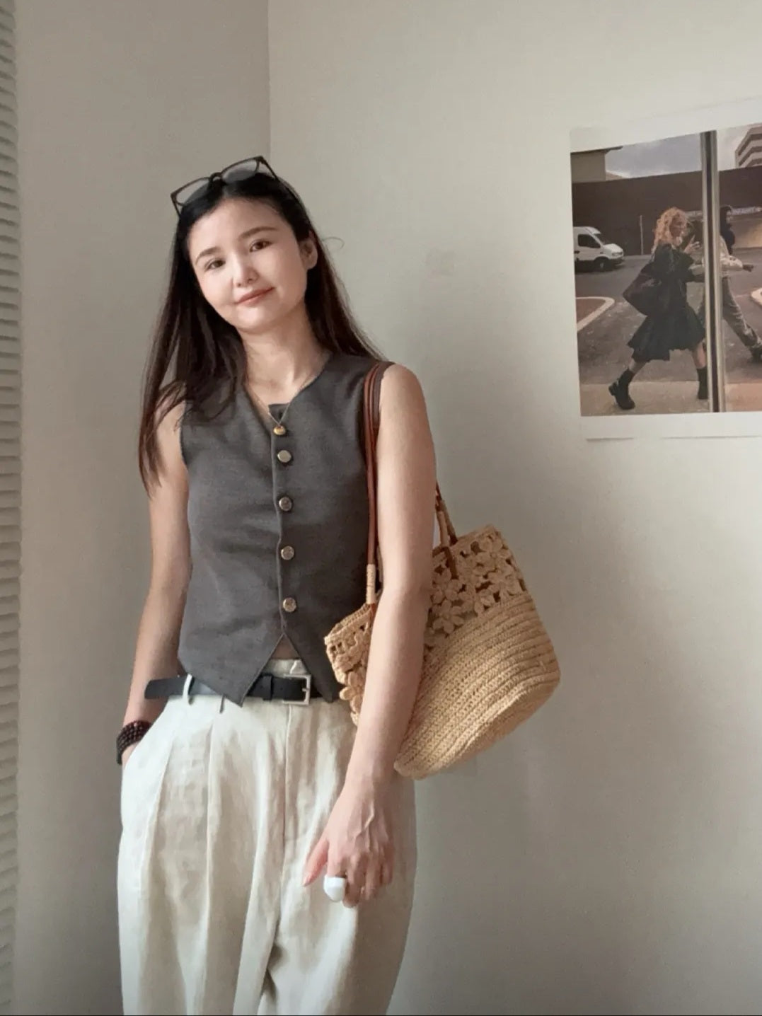 【050】French Riviera Straw Shoulder Bag - Floral Handwowen Raffia Beach Bag