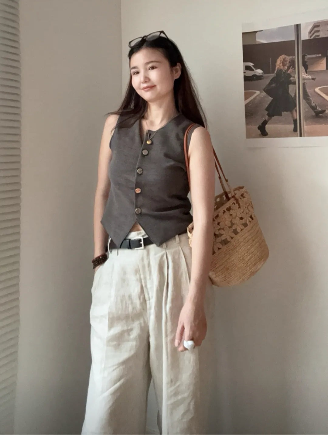 【050】French Riviera Straw Shoulder Bag - Floral Handwowen Raffia Beach Bag