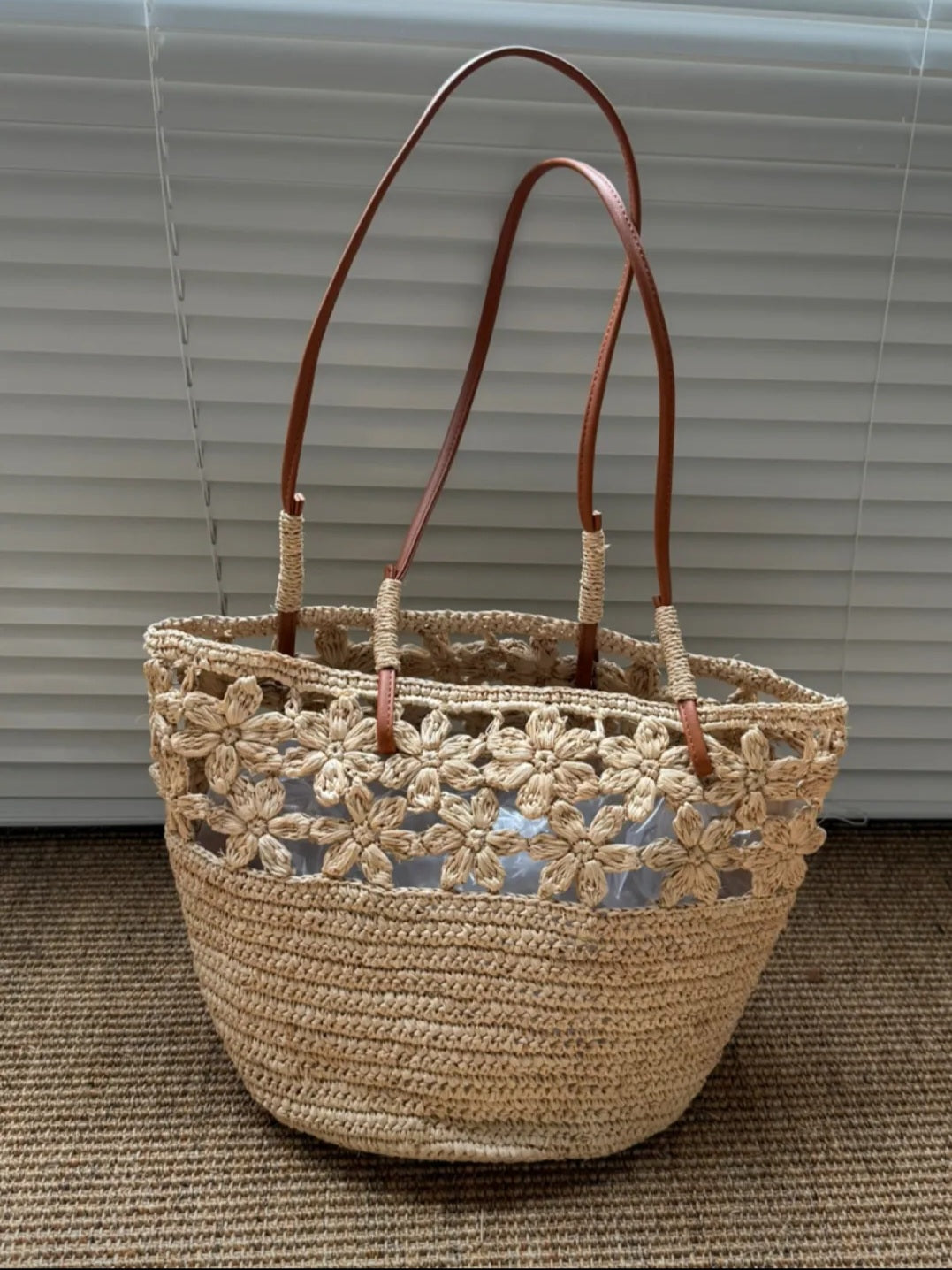 【050】French Riviera Straw Shoulder Bag - Floral Handwowen Raffia Beach Bag