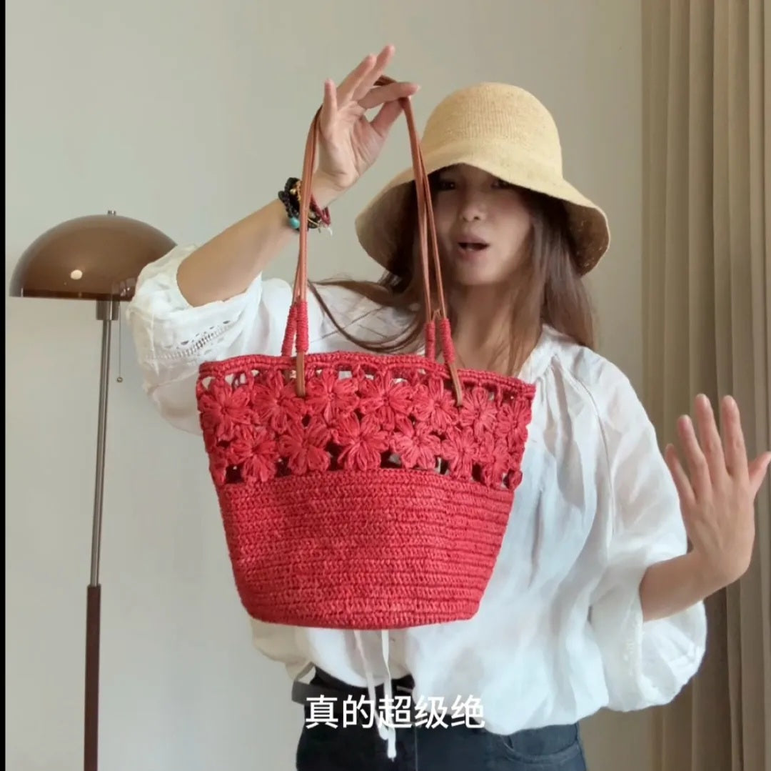 【050】French Riviera Straw Shoulder Bag - Floral Handwowen Raffia Beach Bag