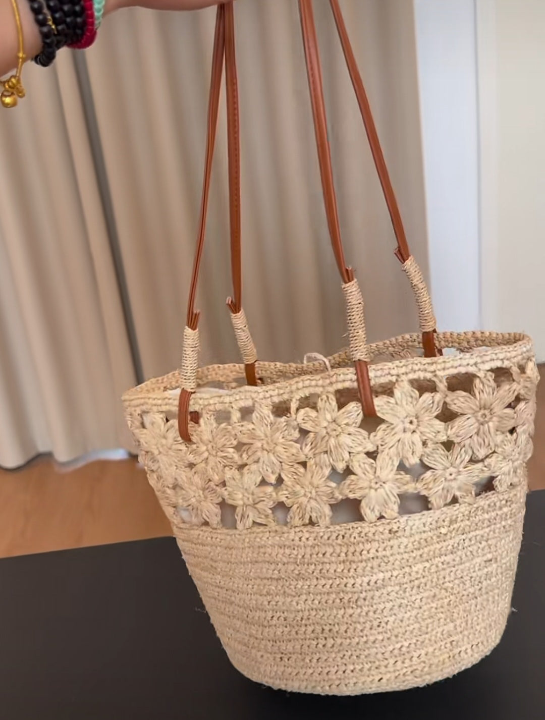 【050】French Riviera Straw Shoulder Bag - Floral Handwowen Raffia Beach Bag