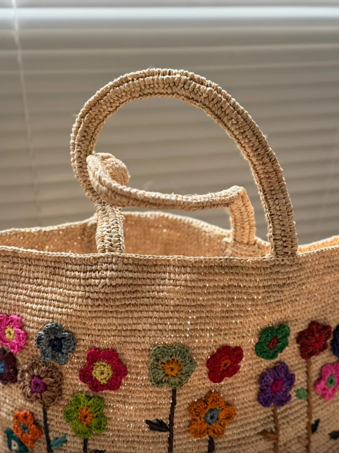 【052】Handmade Raffia Floral Tote Bag – Embroidered Summer Beach Bag Vacation Style Straw Handbag