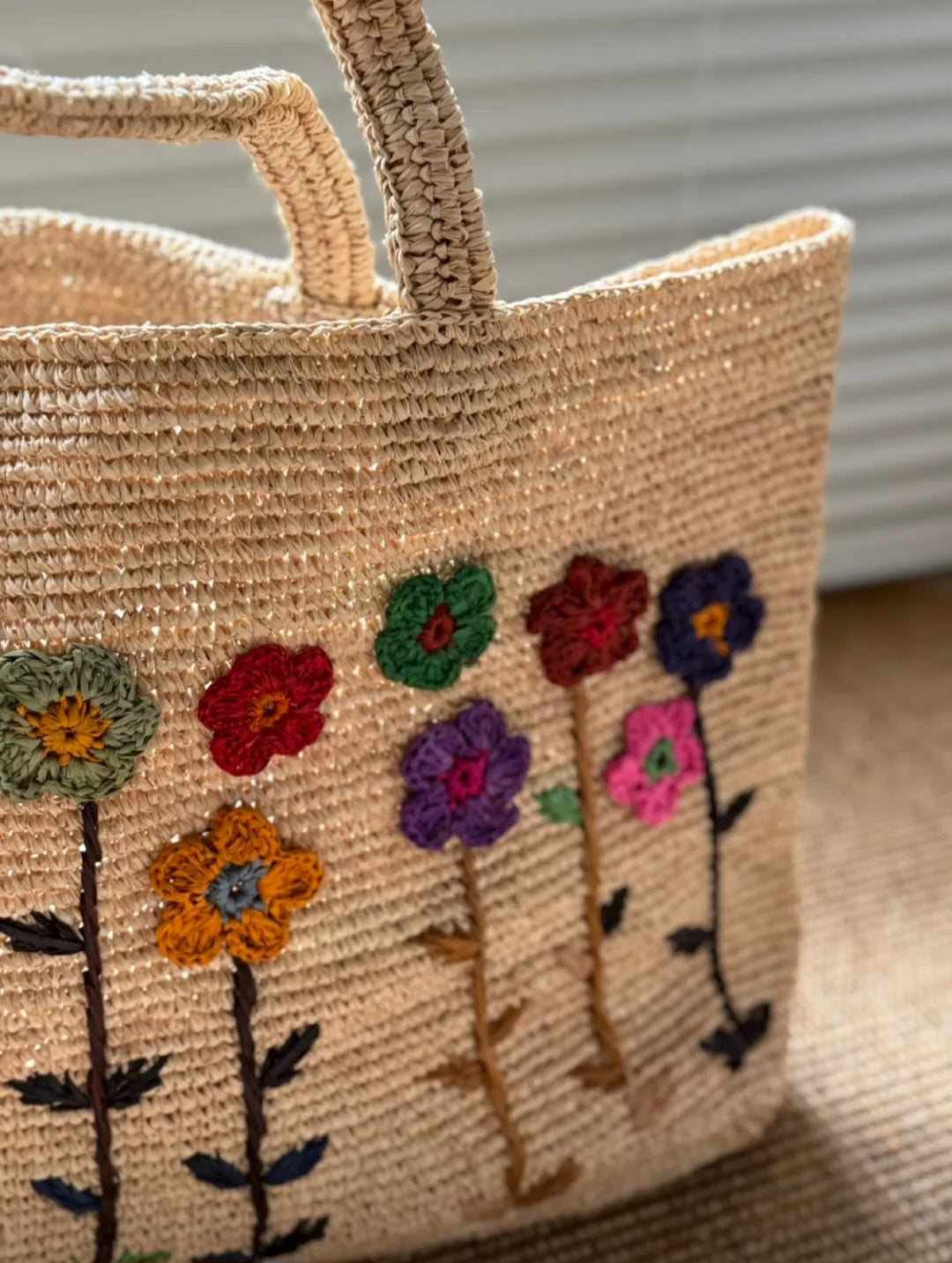【052】Handmade Raffia Floral Tote Bag – Embroidered Summer Beach Bag Vacation Style Straw Handbag
