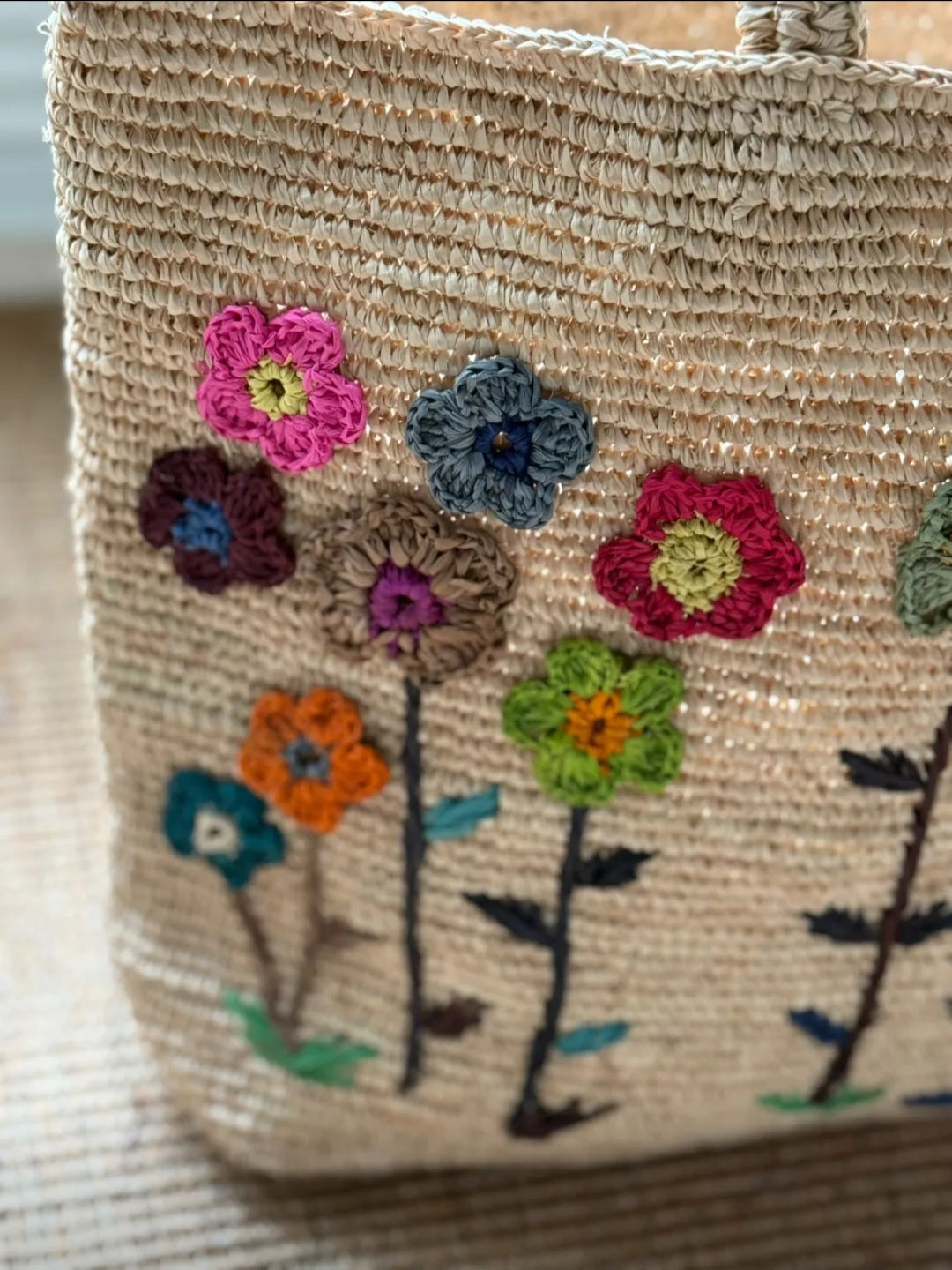 【052】Handmade Raffia Floral Tote Bag – Embroidered Summer Beach Bag Vacation Style Straw Handbag