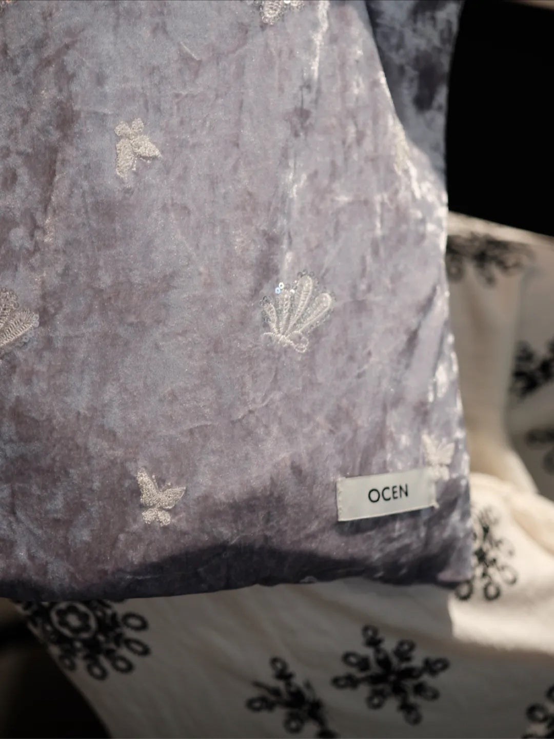 【040】Lavender Velvet Sequin Tote – Elegant Hand Embroidered Everyday Shoulder Bag