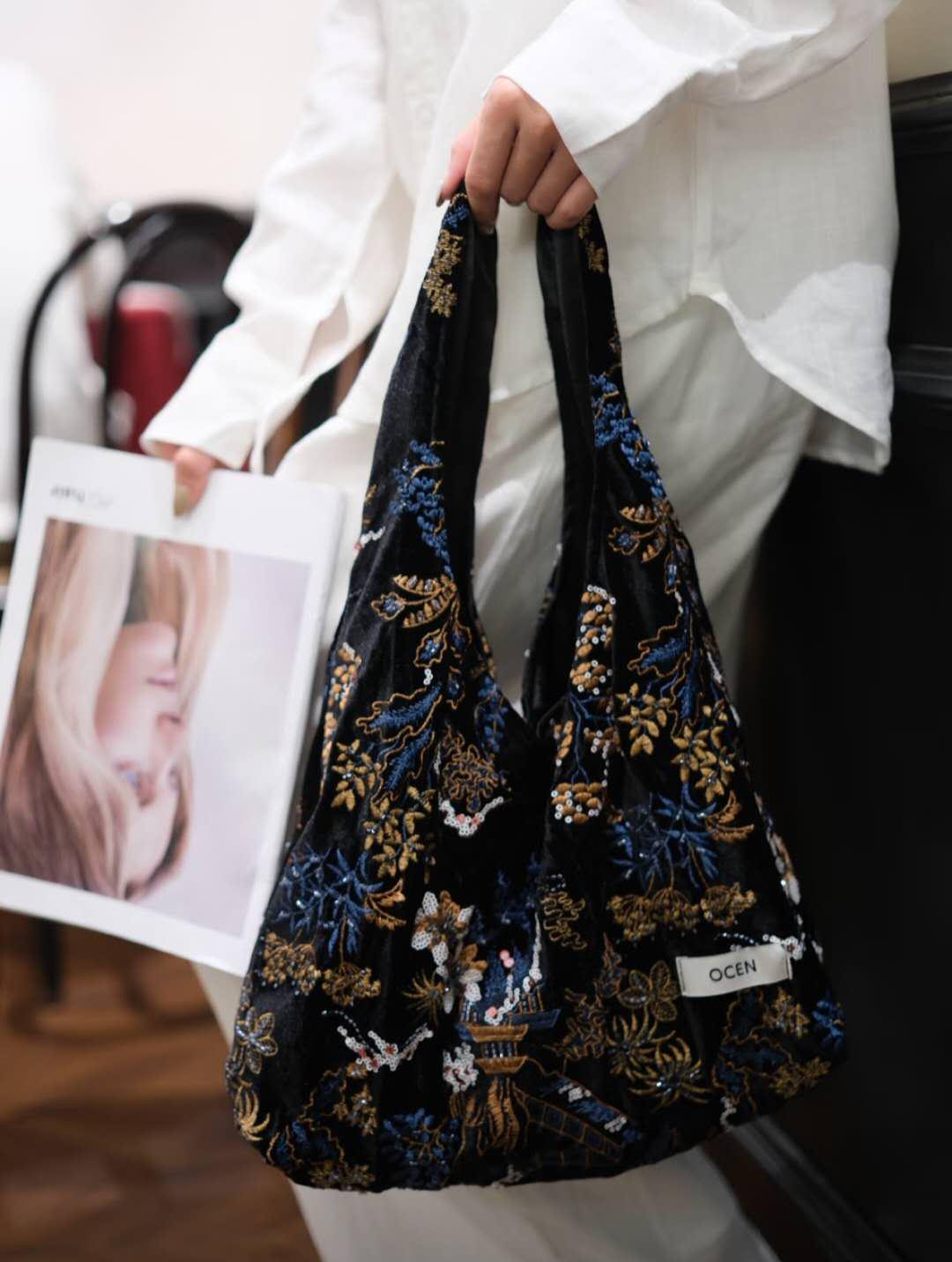 【035】Black Velvet Sequin Hobo Bag – Large Floral Beaded Tote Bag
