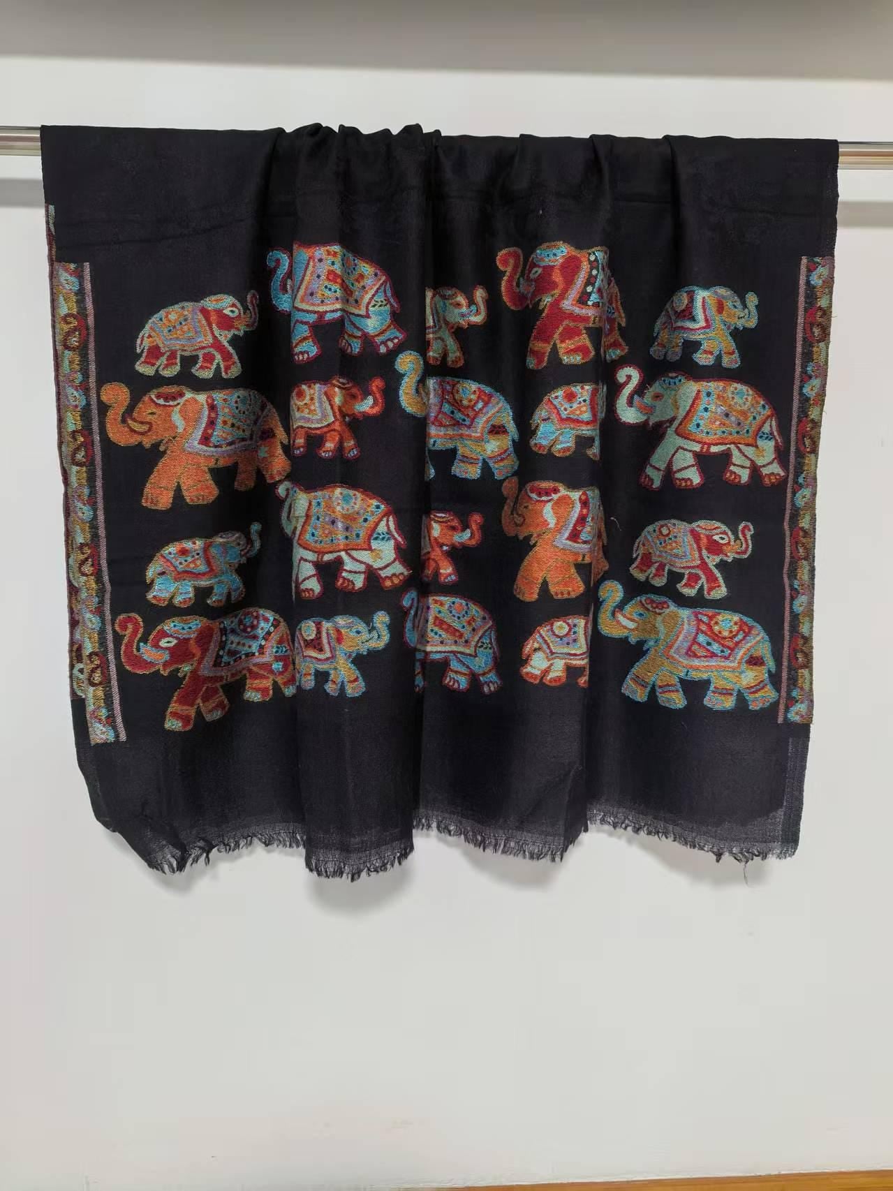 Handwoven Cashmere Scarf – Lucky Elephant Embroidery, Soft Winter Wrap, Sustainable artisan gift