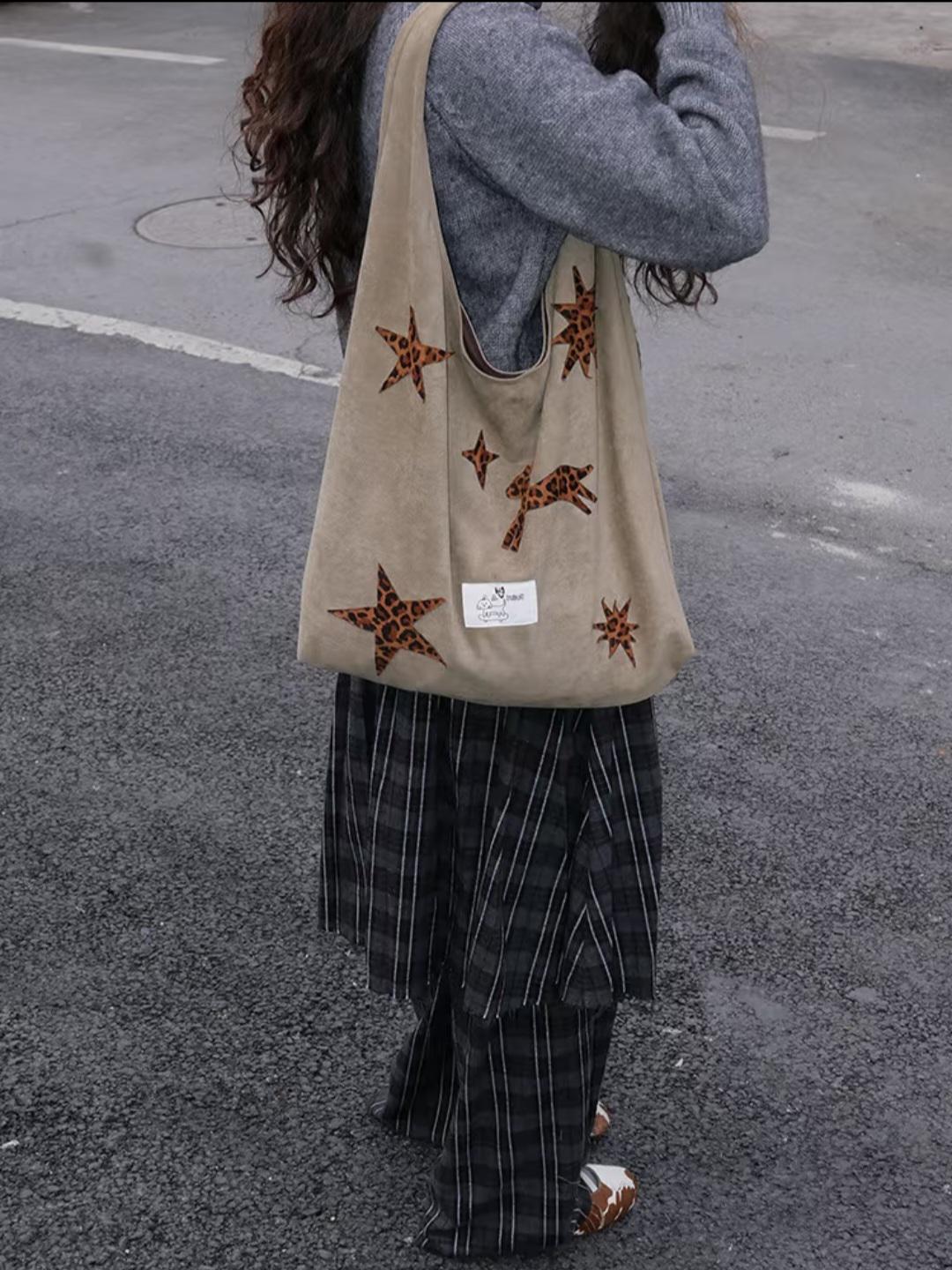 【038】Suede Hobo Bag - Leopard Star Pony Patchwork Shoulder Tote