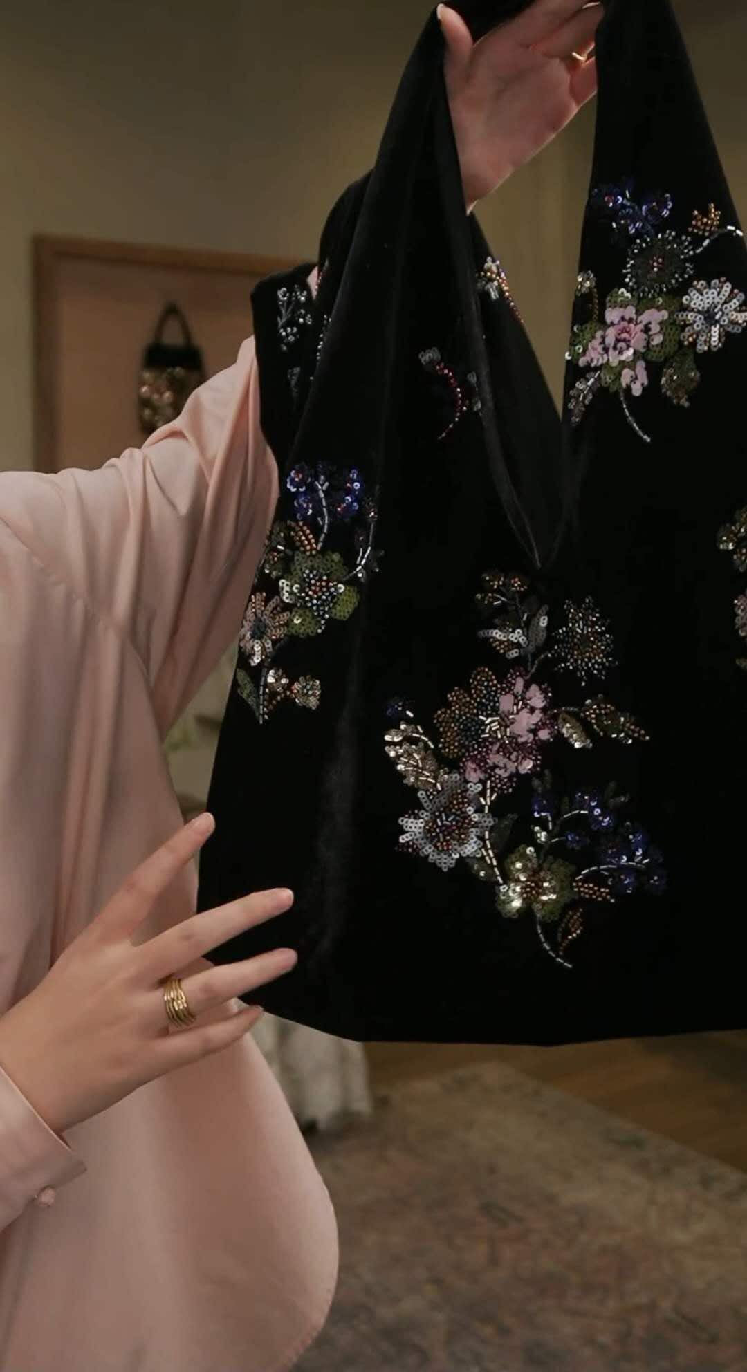 【013】Vintage Velvet Beaded Floral Shoulder Bag - Oriental Sequin Evening Bag