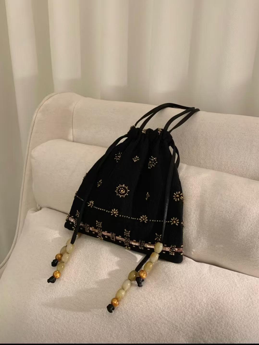 Geometric Beaded Drawstring Bag – Handcrafted Linen Purse with Embroidery | Rusty Rose