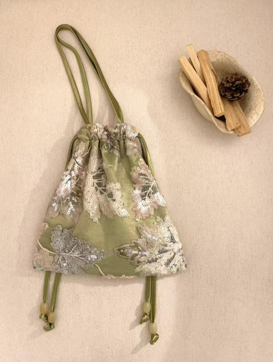 Aqua Green Beaded Lace Tote – Tie-Dye Appliqué & Sequin Embroidery Handbag – Rusty Rose Elegant Hand bag Shoulder Bag| Dusty Rose