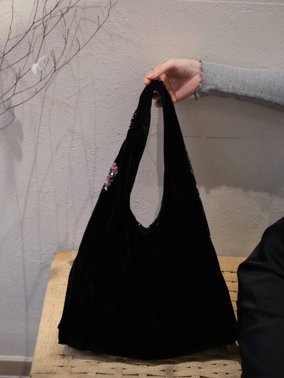 【011】Starlight Velvet Beaded Hobo Bag – Shoulder Bag