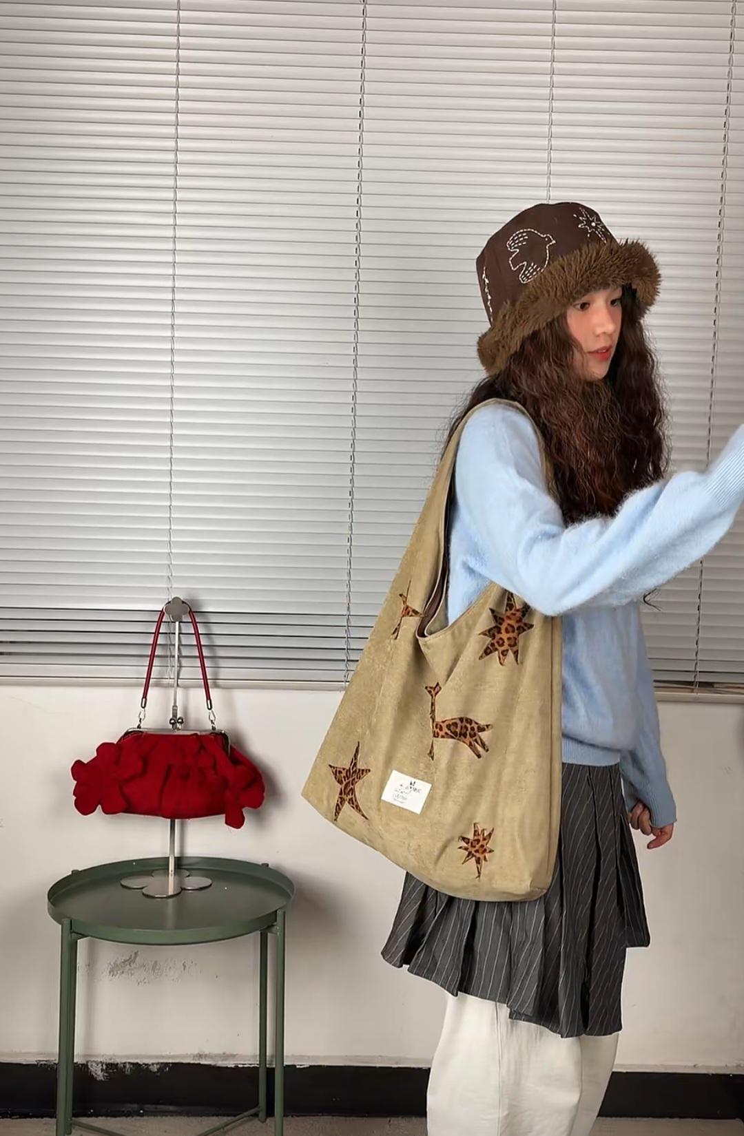 【037】Suede Hobo Bag - Leopard Star Pony Patchwork Shoulder Tote