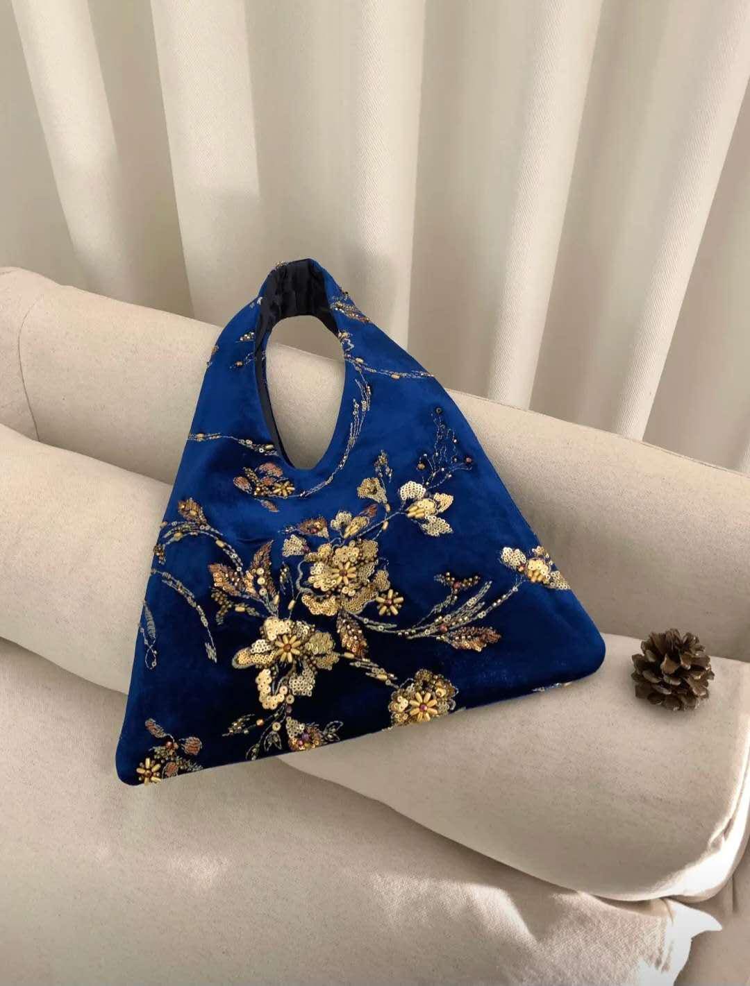 【007】Limited Edition- Blue Velvet Beaded Evening Bag – Gold Floral Embroidery-CHECK SIZE ATTACHED