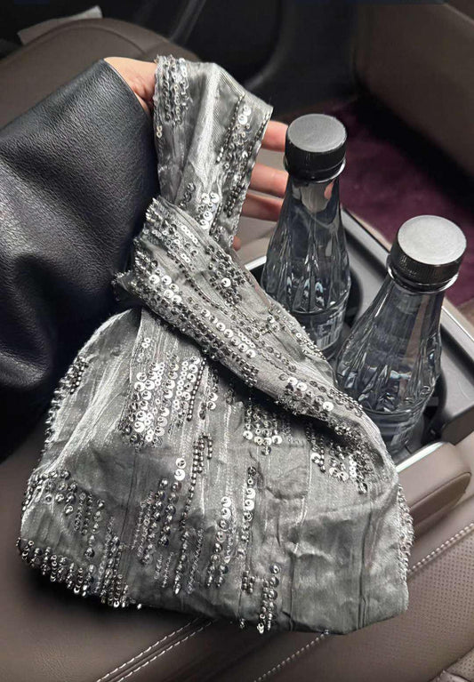 【029】Silver Sequin Beaded Evening Bag – Handmade Clutch purse Party bag