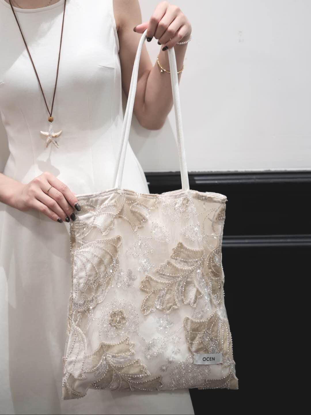 【039】Velvet Beaded Petal Tote Bag – Handmade Embroidered Shoulder Bag