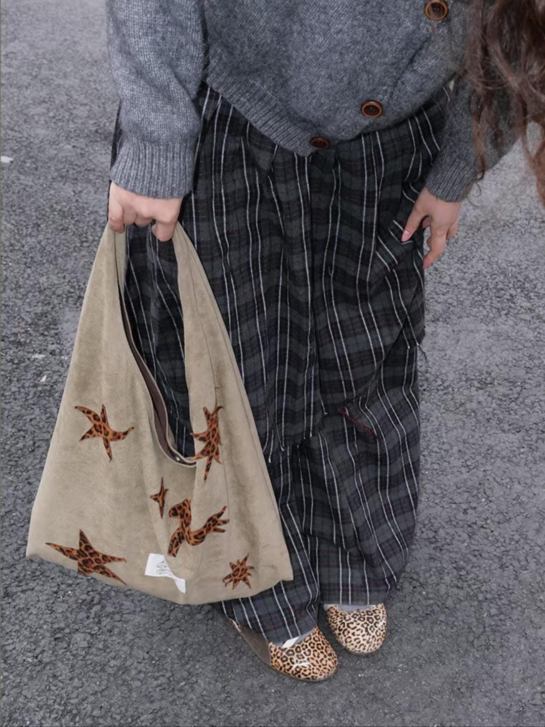 【037】Suede Hobo Bag - Leopard Star Pony Patchwork Shoulder Tote