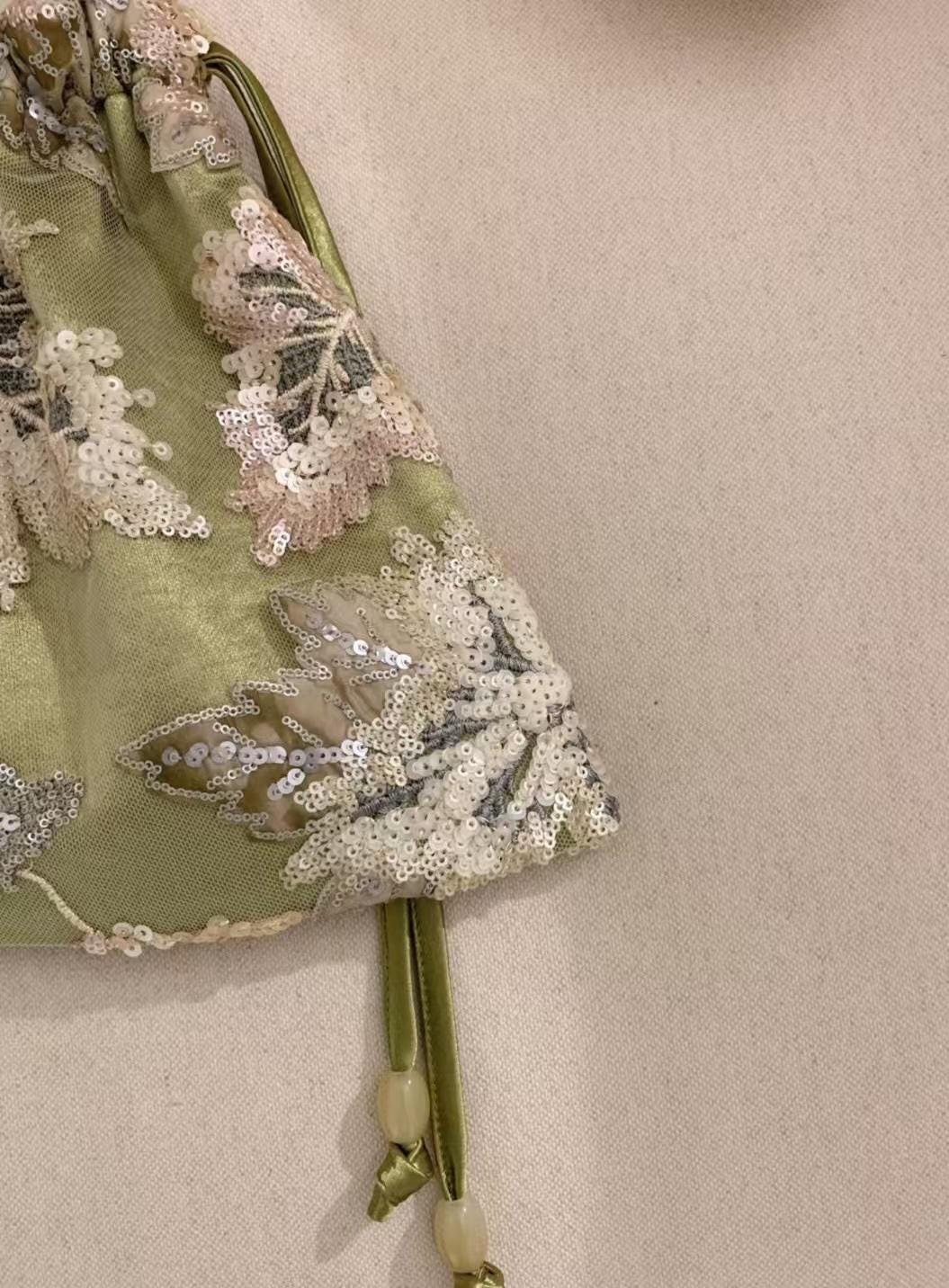 Aqua Green Beaded Lace Tote – Tie-Dye Appliqué & Sequin Embroidery Handbag – Rusty Rose Elegant Hand bag Shoulder Bag| Dusty Rose