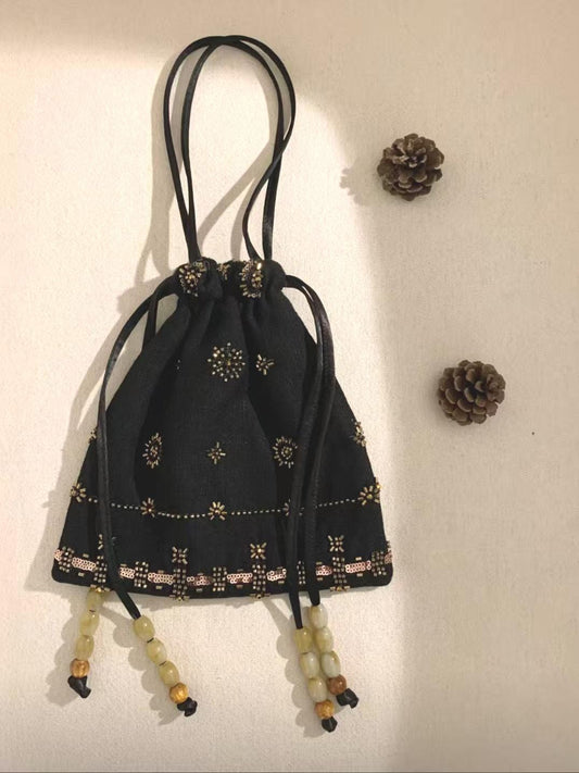 Geometric Beaded Drawstring Bag – Handcrafted Linen Purse with Embroidery | Rusty Rose