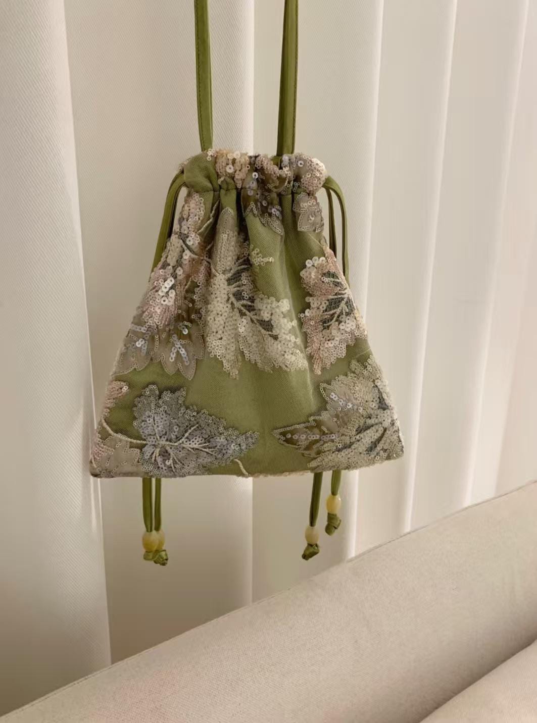 Aqua Green Beaded Lace Tote – Tie-Dye Appliqué & Sequin Embroidery Handbag – Rusty Rose Elegant Hand bag Shoulder Bag| Dusty Rose