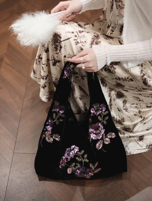 【010】Purple Rose Velvet Sequin Hobo Bag – Oriental Inspired Shoulder Purse